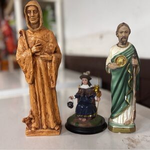 Set of Religious Figurines in Gold, Blue, and Green